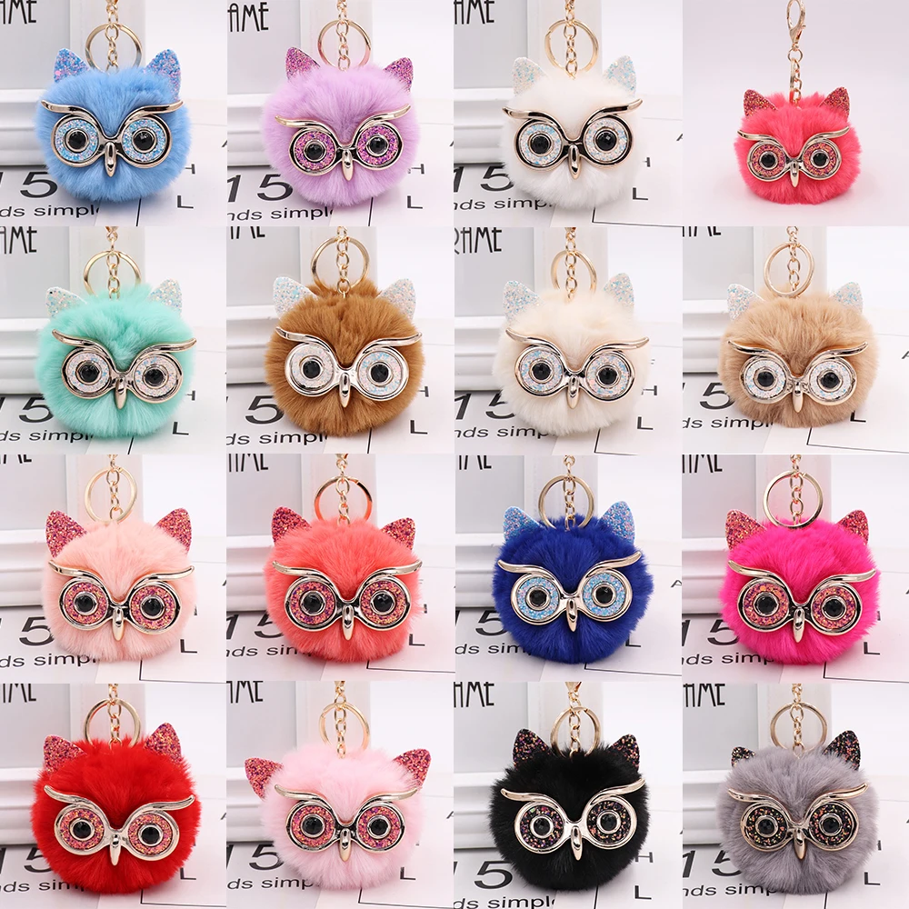 

Cute fluffy pompom keychain fashion animal shape owl imitation rabbit fur ball car keychain female key bag pendant pendant WJ250