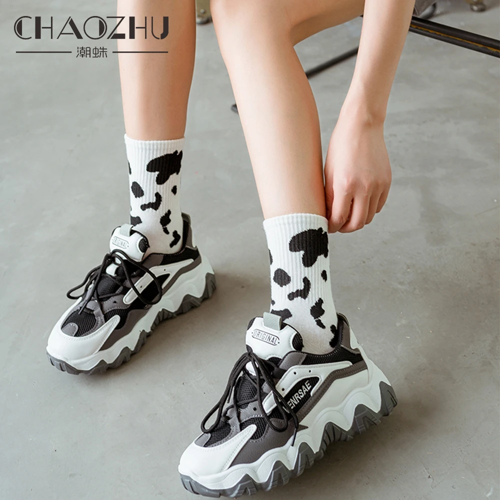 

CHAOZHU Daily Socks Women Socks Black White Striped Cows Pattern Cartoon Kawaii Fashion Character Cotton Rib Stretch 4 Seasons