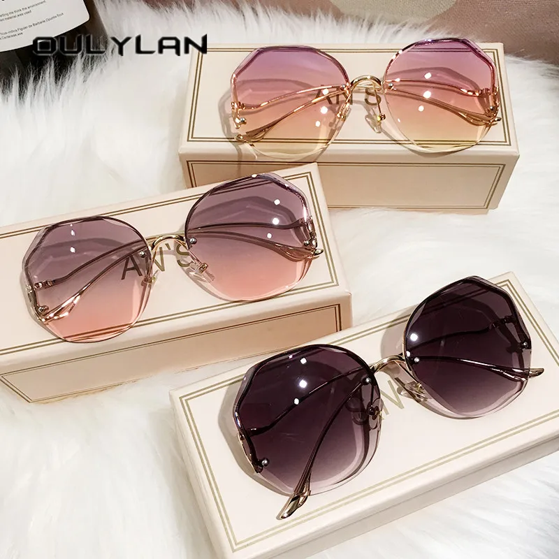 

2021 Fashion Tea Gradient Sunglasses Women Ocean Water Cut Trimmed Lens Metal Curved Temples Sun Glasses Female UV400