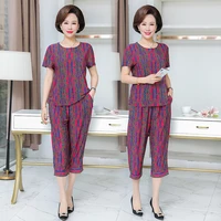2 pcs sets middle aged and elderly womens suits vintage fashion print t shirt tops casual pants mother summer clothing 5xl