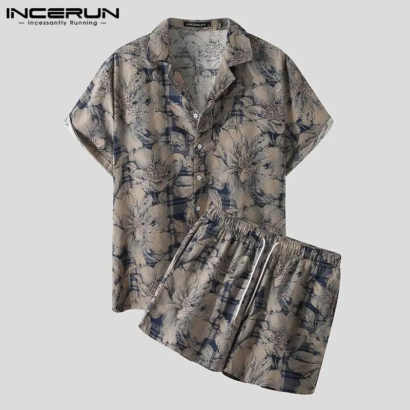 

Мужской комплект из 2 предметов, Повседневная рубашка с отложным воротником и короткими рукавами и шорты из дышащего хлопка, уличная одежда ...