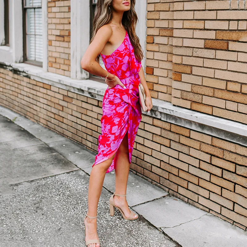 

Mandylandy Women's Casual Short Sleeve One-Shoulder Diagonal Collar Split Irregular Dress Summer Sexy Floral Print Slim Dress