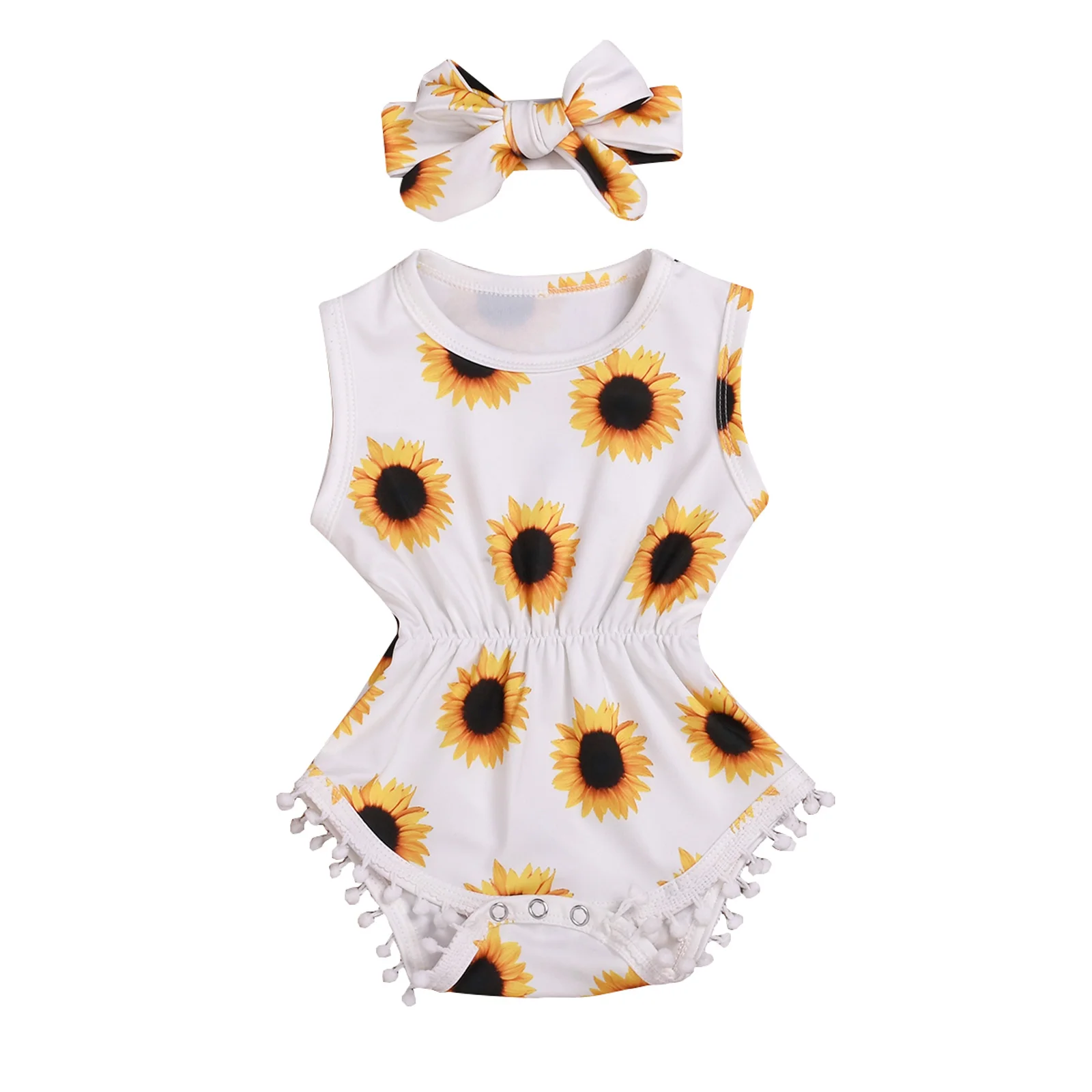 

0-18M Toddlers Baby Two Piece Set, Sunflower Printed Romper Sleeveless Back Up Fold Tassels One-piece Garment with Bow Hair Band