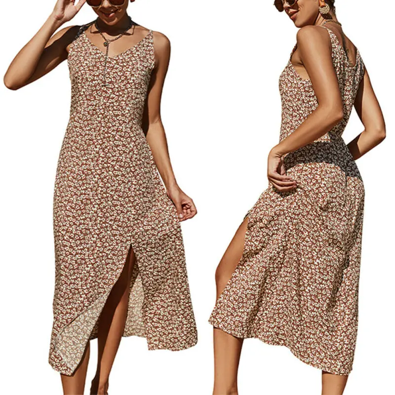 

Trevor Women Summer Floral Long Maxi Dress Ladies V Neck Boho Beach Holiday Sundress