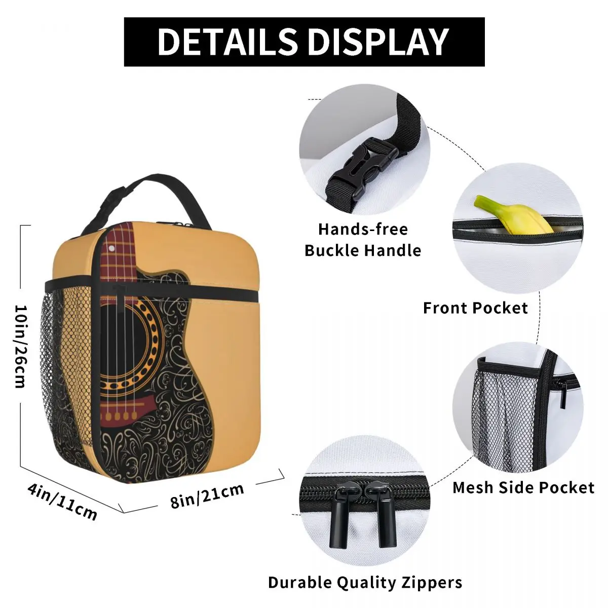 

Clipped Guitar Lunch Bag for Women Men Large Insulated Lunch Box with Water Bottle Holder and Pockets