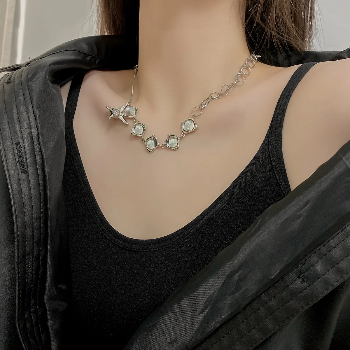 

Punk Accessories Clavicle Chains Female Cross Necklace Star Reflective Beads Necklace for Women Stainless Steel Jewelry Gifts