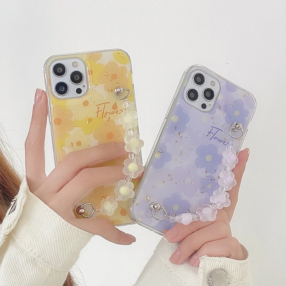 

For Ins Fashion Apple iPhone 12 Pro 7 8 Plus 11 X XS Max Mini XR Case Fresh Purple Flower Bracelet Glitter Bag
