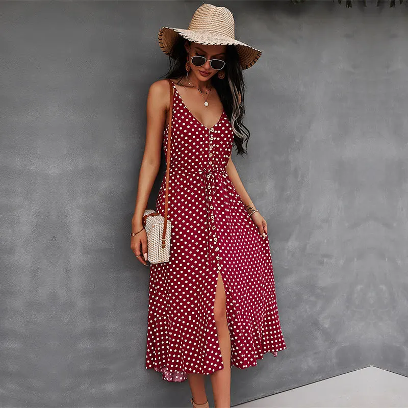 

FridayIn 2021 Spring New Women Casual V Neck Holiday Style Bandage Polka Dot Spaghetti Strap Dress Lady High Wasit Summer Dress