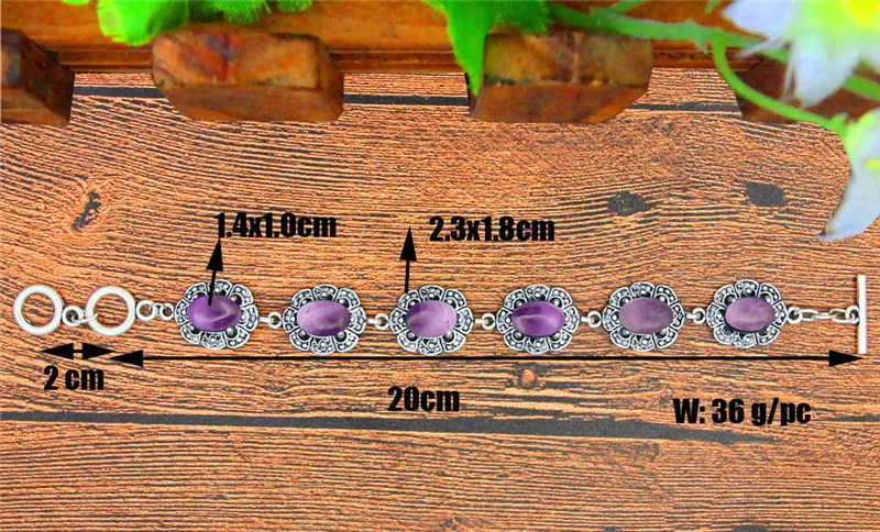 Natural Purple Stone Bracelet Plum Flower Design Vintage Look Antique Silver Plated Fashion Jewelry TB334