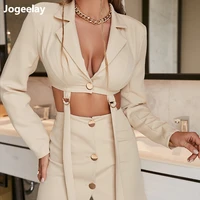 womens business casual blazer exposed waist bandage jackets and elasticity waisted pencil mini skirt suit set two piece outfits