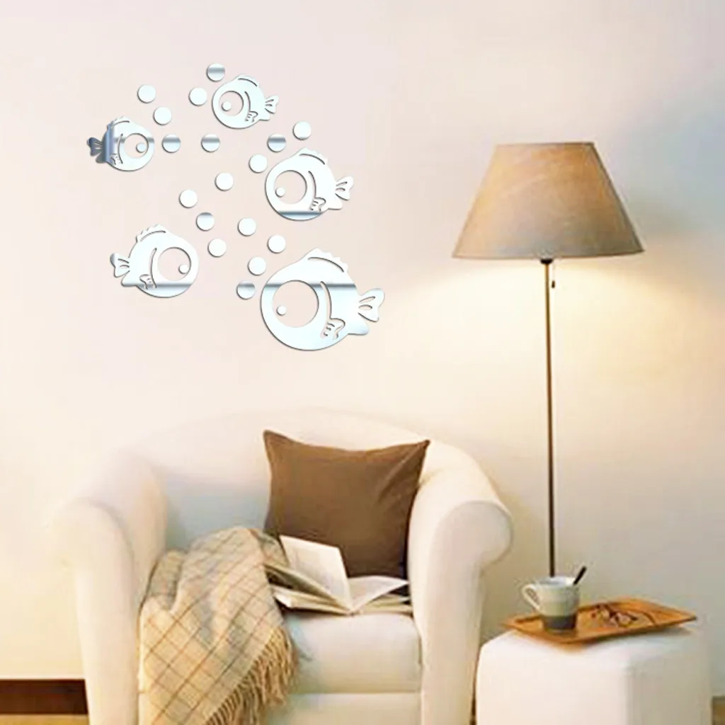 3D Серебряные Акриловые зеркала стикер на стену рыбка с пузырьками наклейка в
