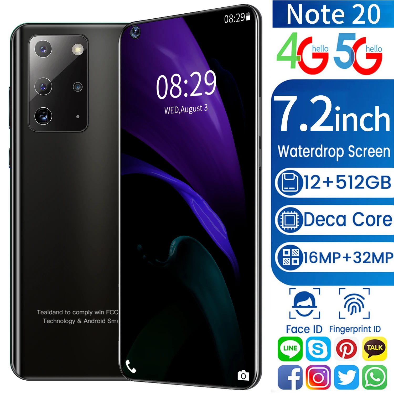 

Sansumg Galay Smartphone Note 20 5G 12+512GB Deca Core Android10.0 Snapdragon888 Dual SIM Mobile Phone Fingerprint ID Cellphone