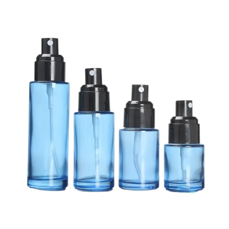 Черная крышка синяя стеклянная бутылка косметические контейнеры спрей лосьон