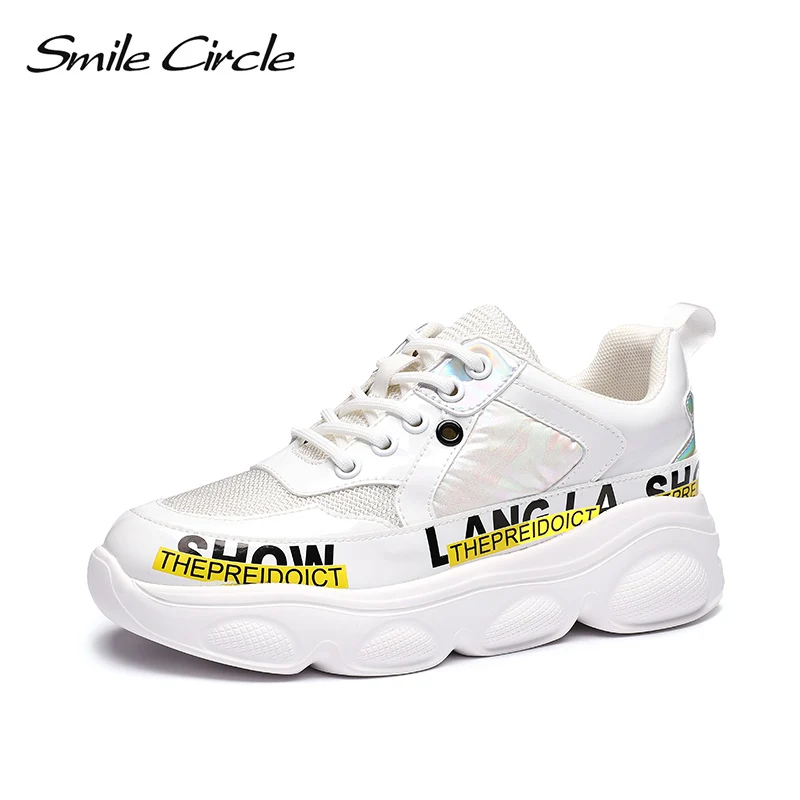 Smile Circle Sneakers Women Breathable mesh Flat Platform Shoes Fashion Genuine Leather Lace-up casual Sneaker | Обувь