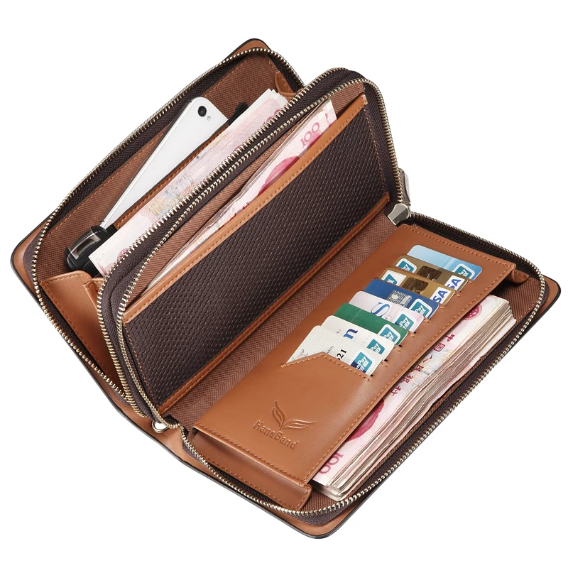 

New Men 100% Genuine Leather Wallet Large capacity double zipper Purse Casual Long Business Male Clutch Wallets Men's clutch bag