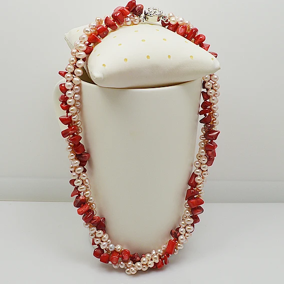 

Natural pink pearl jewelry 3rows red corals pink freshwater pearl necklace perfect women birthday gift more length for choose