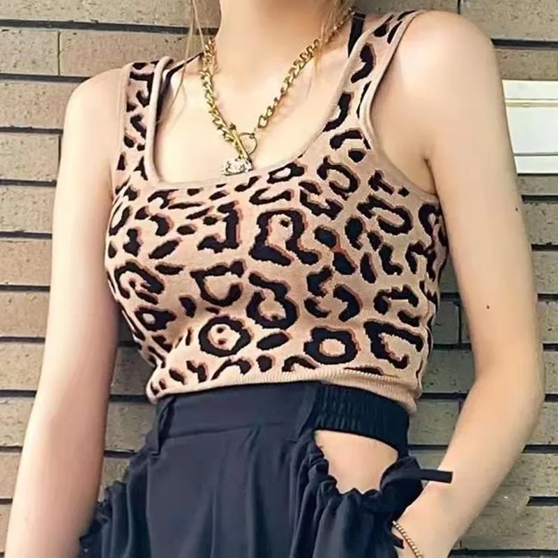 Square Neck Leopard Print Knitted Camisole Top Women's Knitted Vest Strap Women Midriff-Baring Casual Top
