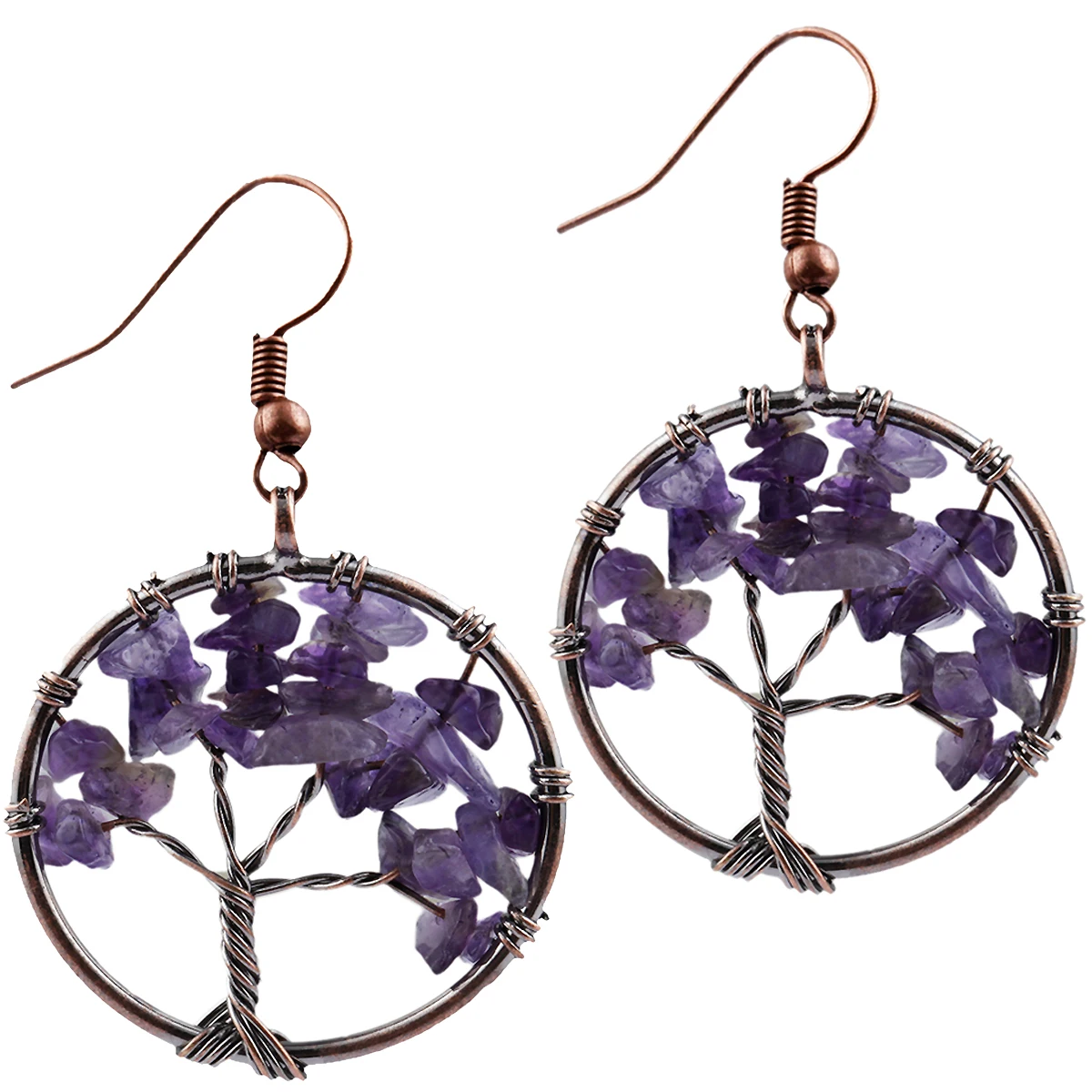 

TUMBEELLUWA Vintage Retro Tree of Life Tumbled Amethyst Crystal Handmade Wrapped Bronze Wire Dangle Drop Hook Earrings