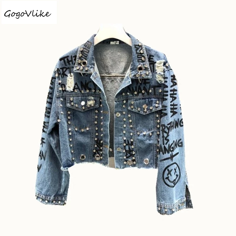 Graffiti Print Denim coat Punk Rock Jeans jacket 2021 New Autumn Rivet Hip Hop Holes Coat Big Size Coats High Waist LT556S50 | Женская