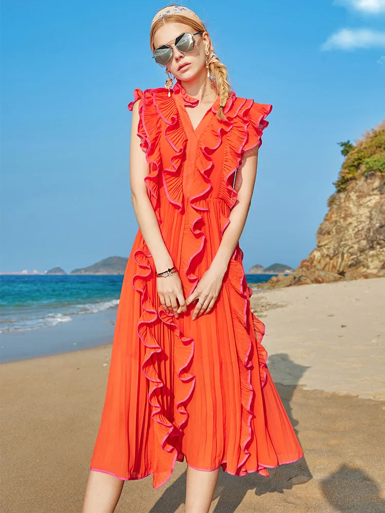 

2021 Summer New Fashion Heavy Industry Pleated Lotus Leaf Lace V-neck Sweet Party Dress for Women