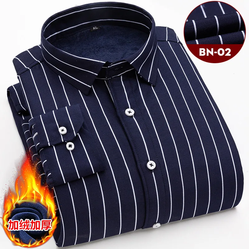 

Turn-down Collar Cotton Casual Thick Warm Bottoming Striped Shirt New Men Winter Denim Shirt Long Sleeved