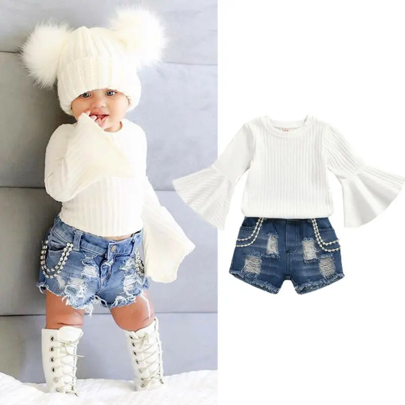 

PUDCOCO Fashion Toddler Baby Girl Long Flared Sleeve Tops + Jeans Shorts Pants Outfits Summer Clothes Set 6M-5Y