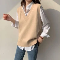 v neck solid color slim sweater women sleeveless casual spring autumn knitted crop sweater vest plain pullover vest for daily