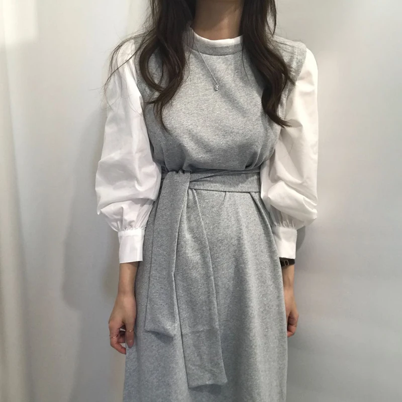 Женское длинное платье-рубашка с рукавами-фонариками и поясом | Женская одежда