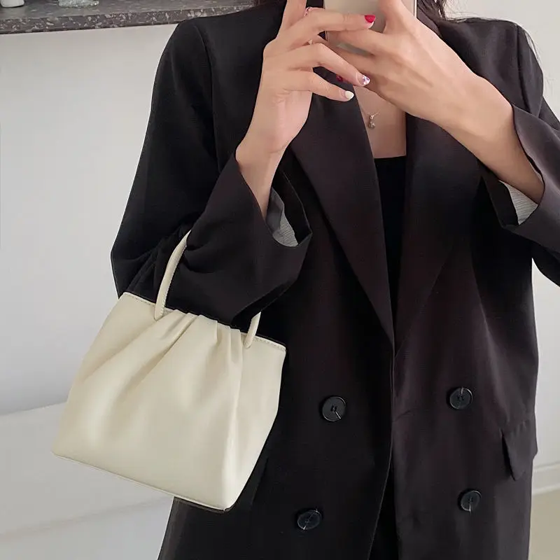 

Vintage Women Pleated Shoulder Underarm Bag Casual All-match Ladies Small Handbag Purse Pure Color Square Bags