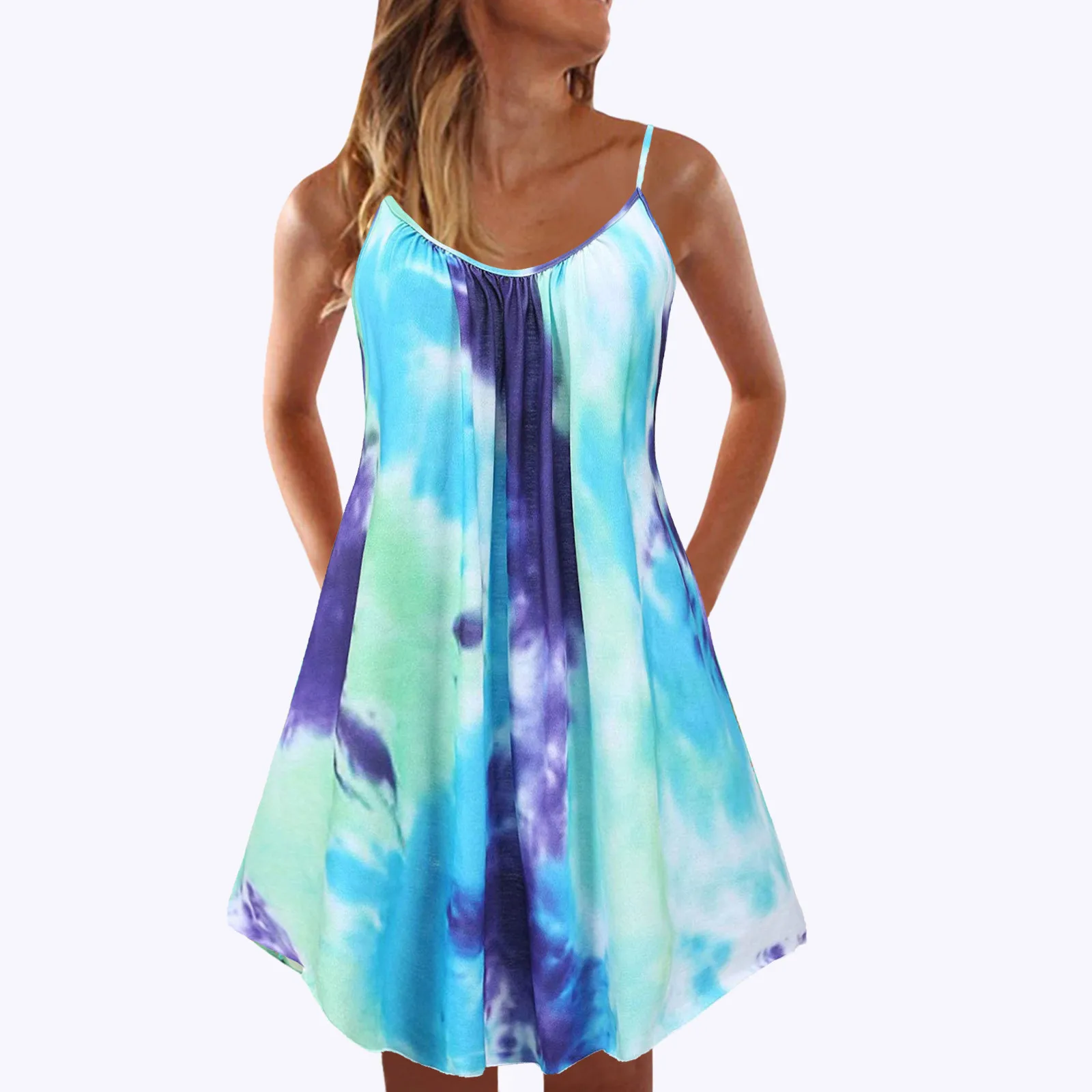 

2021 Women Fashion And Casual Dress Summer Multicolor Sexy Tie-dye Print Beach Dress High Quality Comfy Loose Dresses Vestidos