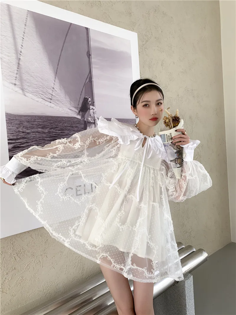 

ZCSMLL 2021 autumn Peter pan collar a-line above-knee length street wear lovely Princess style long sleeve white dress J023