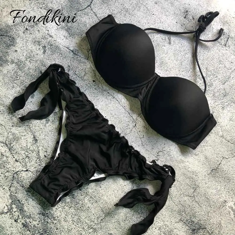 Черное бикини 2019 со средней талией женский купальник на бретельках сексуальный