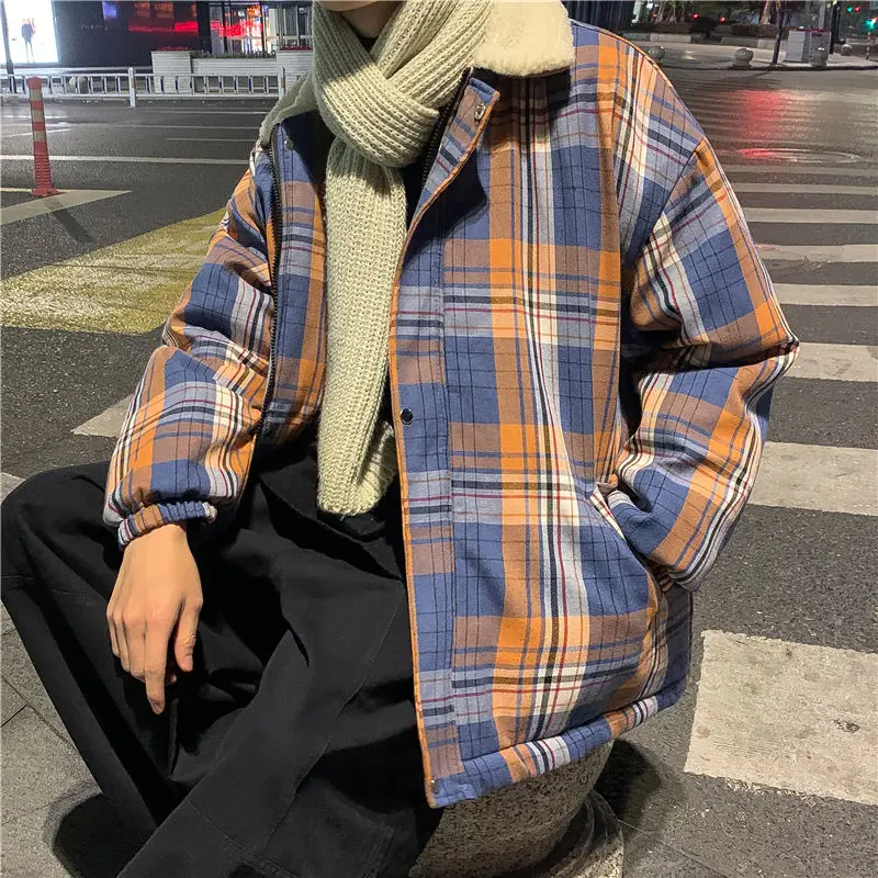 

2020 Autumn And Winter New Youth Popular Korean Men's Lamb Fur Lapel Men's Plaid Cotton-padded Jacket Fashion Casual Top