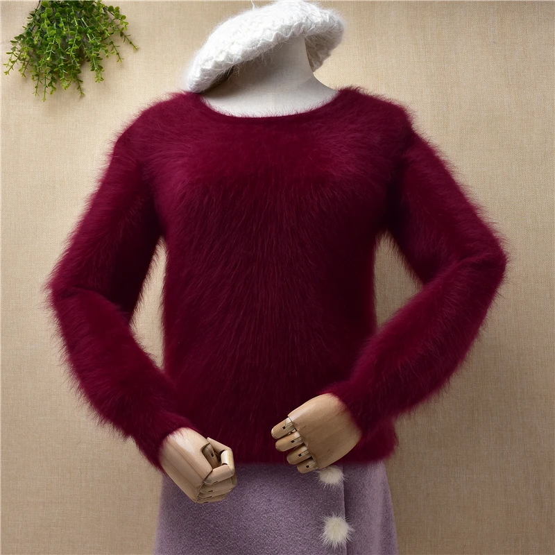 

ladies women fashion hairy angora rabbit hair knitted long sleeves slim blouses pullover angora fur jumper sweater pull tops