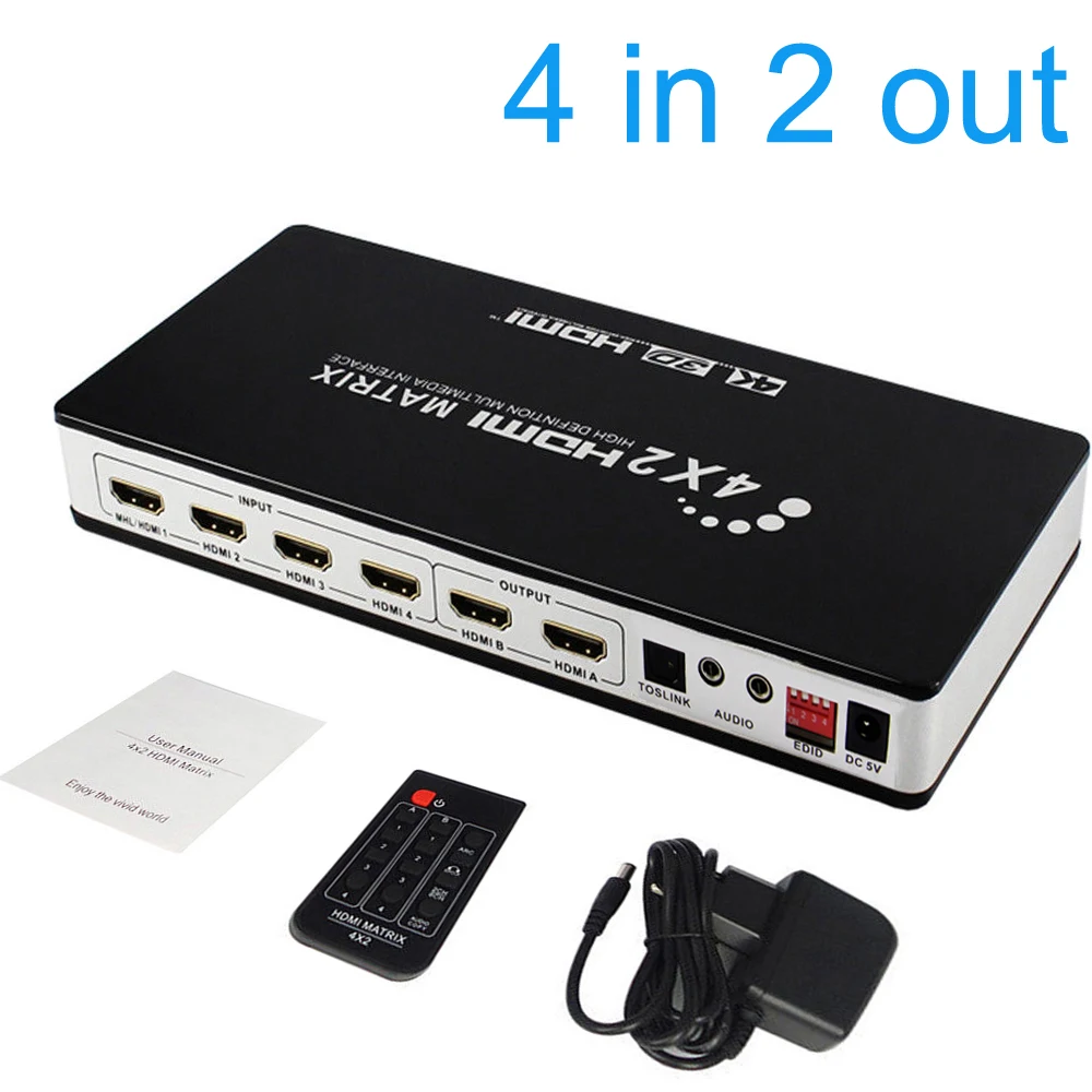 

4K 30Hz HDMI Matrix 4X2 Switch Switcher Splitter 4 in 2 out Video Converter for PS3 PS4 HD TV STB BOX Notebook PC to TV Monitor