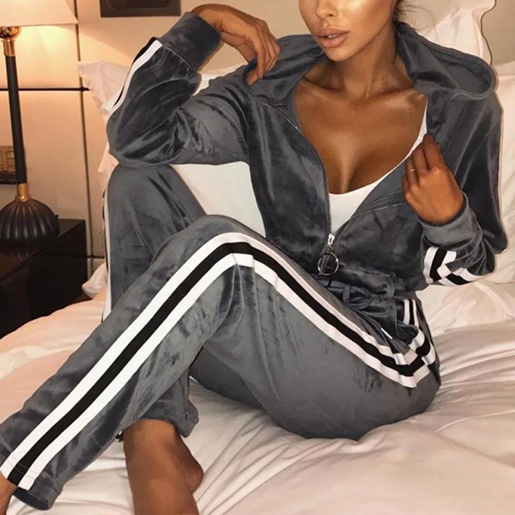 Женский тренировочный комплект Perimedes полосатый свитер на молнии брюки с длинным