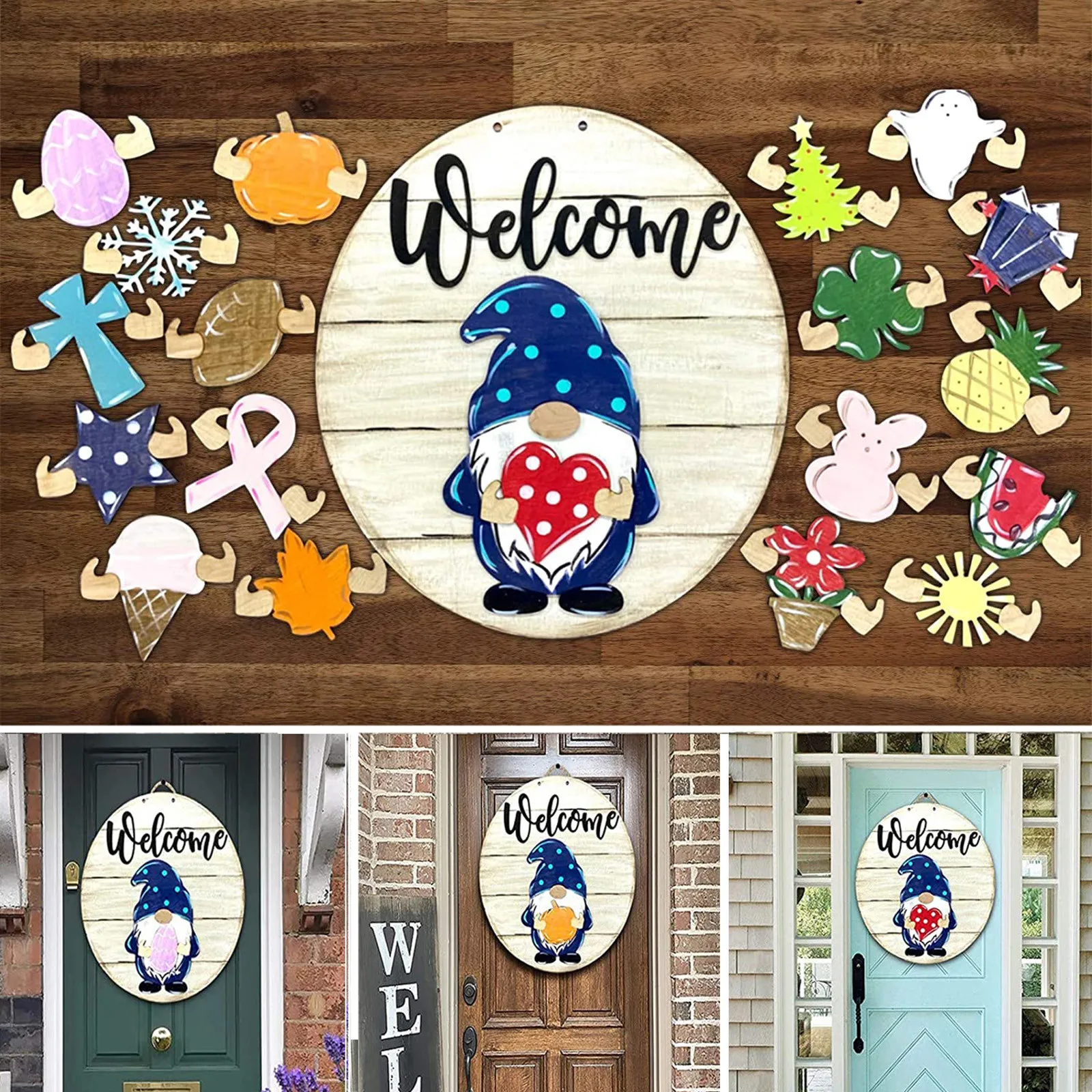 

Welcome Sign Front Door Gnome Hanger with Interchangeable Holiday Pieces 19 Styles Outdoor Hanging Vertical Sign Home Decoration