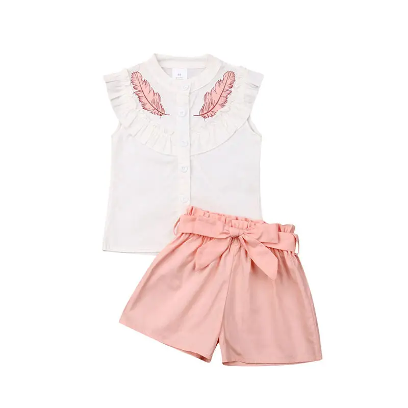 

Комплект одежды для маленьких девочек, детская одежда, хлопковый топ с оборками и перьями + розовые шорты, Детская летняя одежда, 2 предмета