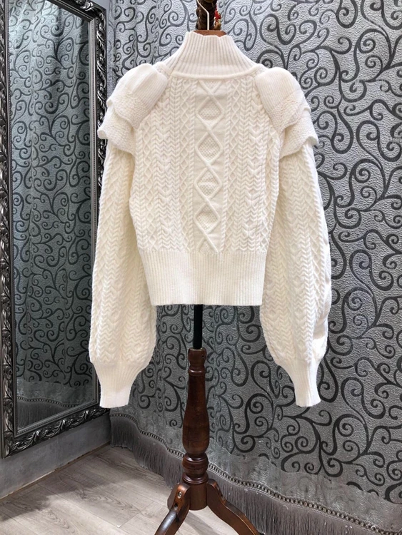 

2021 early spring new women's high neck ruffled stitching decorative solid color long-sleeved loose sweater 108