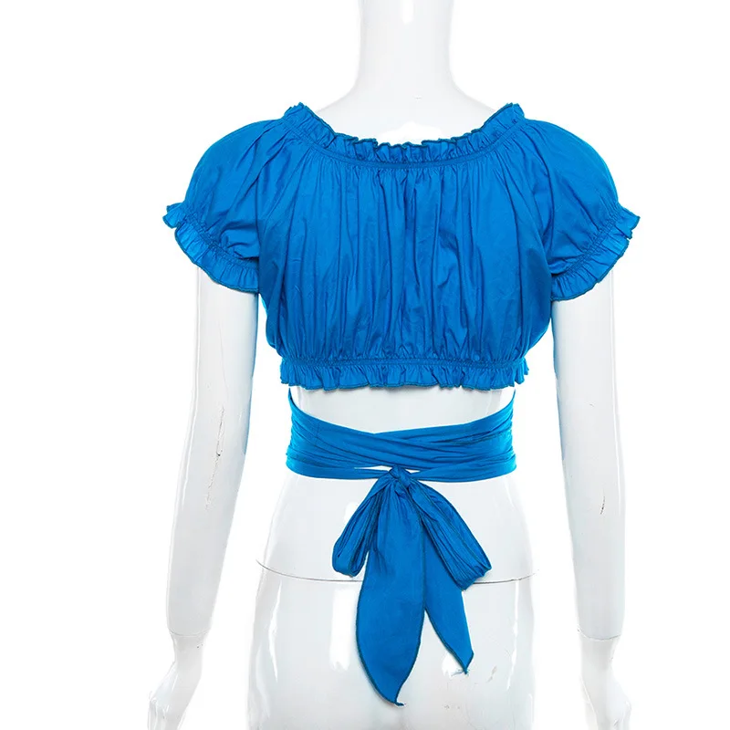 Женская футболка с перекрестными ремешками синие топы оборками и принтом