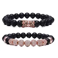 QIMOSHI 2PCS 8mm Crown King Charm Beads Bracelet for Men Women Natural Black Matte Onyx Stone Beads