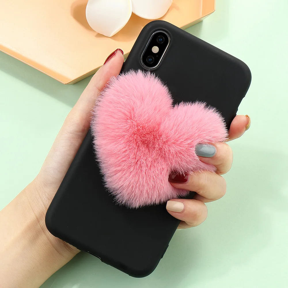 LAPOPNUT Роскошный милый 3D меховой помпон плюшевый чехол с сердечком для IPhone 11 Pro Max Xr X