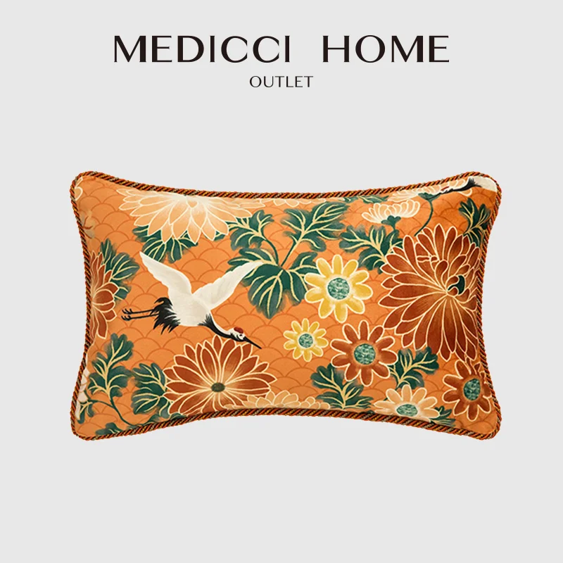 

Medicci Home Asian Crane Lumbar Pillow Cover Luxurious Artistic Oriental Handicraft High End Upmarket Cushion Case Outdoor Couch