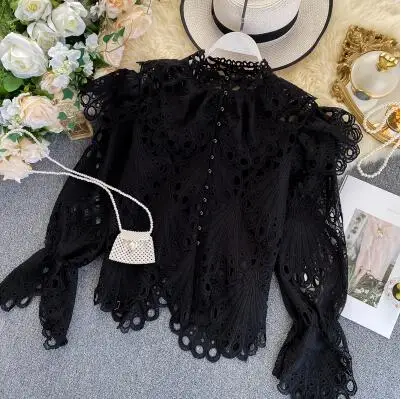 Spring summer women's hollow out stand neck fashion shirt tops female vintage ruffles long sleeve shirt blouse TB4050