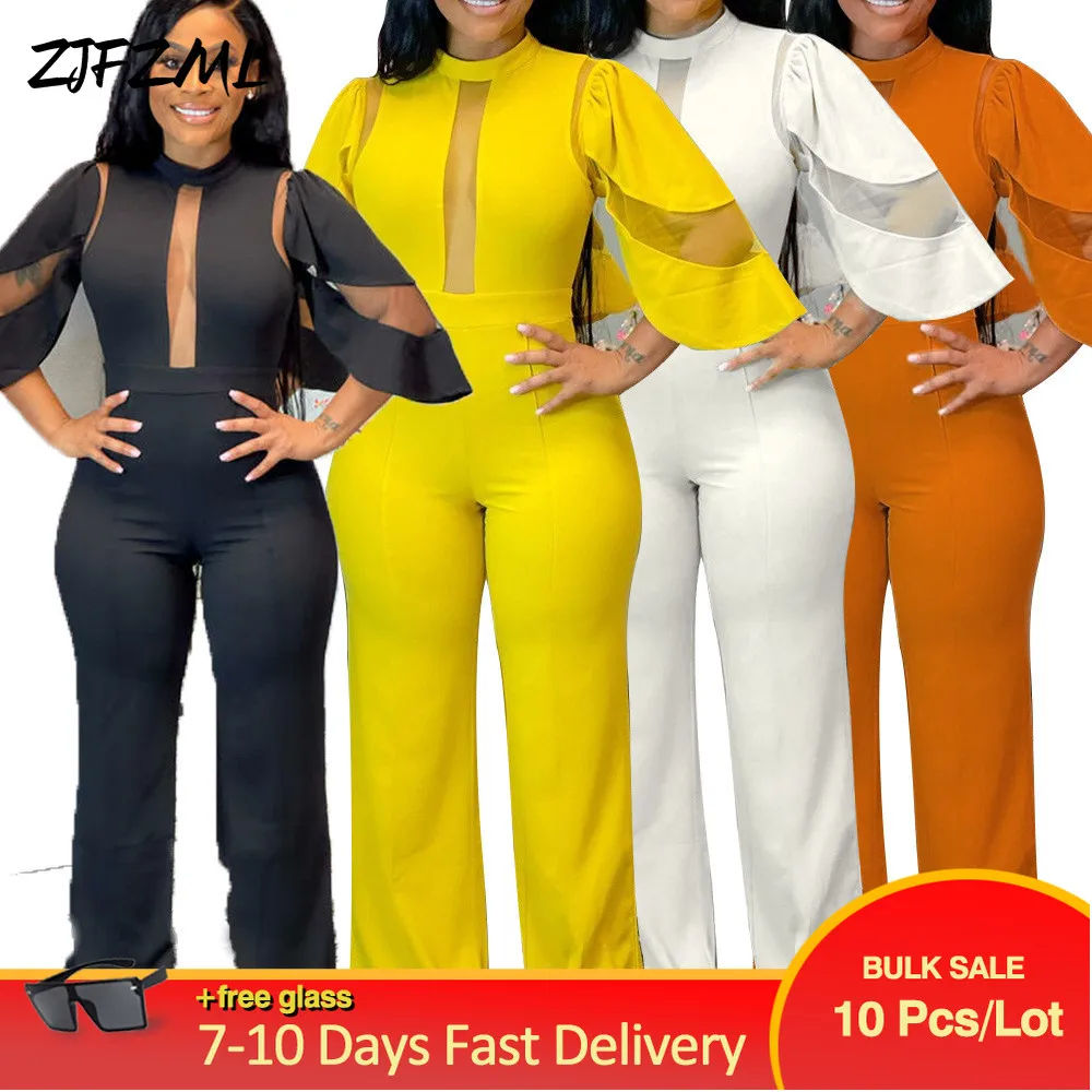 

Bulk Items Wholesale Lots Women Jumpsuits Solid Sheer Mesh Half Sleeve Spliced Wide Leg Romper Elegance One Piece Bodysuit New