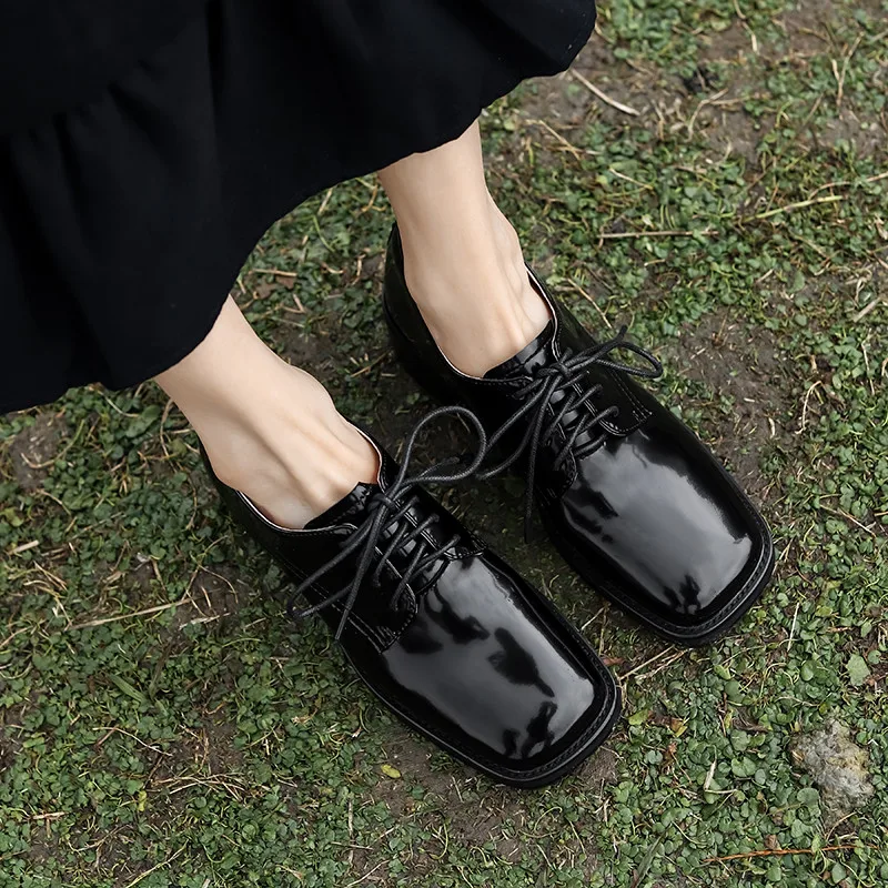 

Asumer 2021 New Arrive Pumps Women Genuine Leather Shoes Square Toe Lace Up Spring Summer Casual Shoes Ladies Black