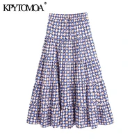 kpytomoa women 2021 chic fashion geometric print ruffled midi skirt vintage high elastic waist drawstring female skirts mujer