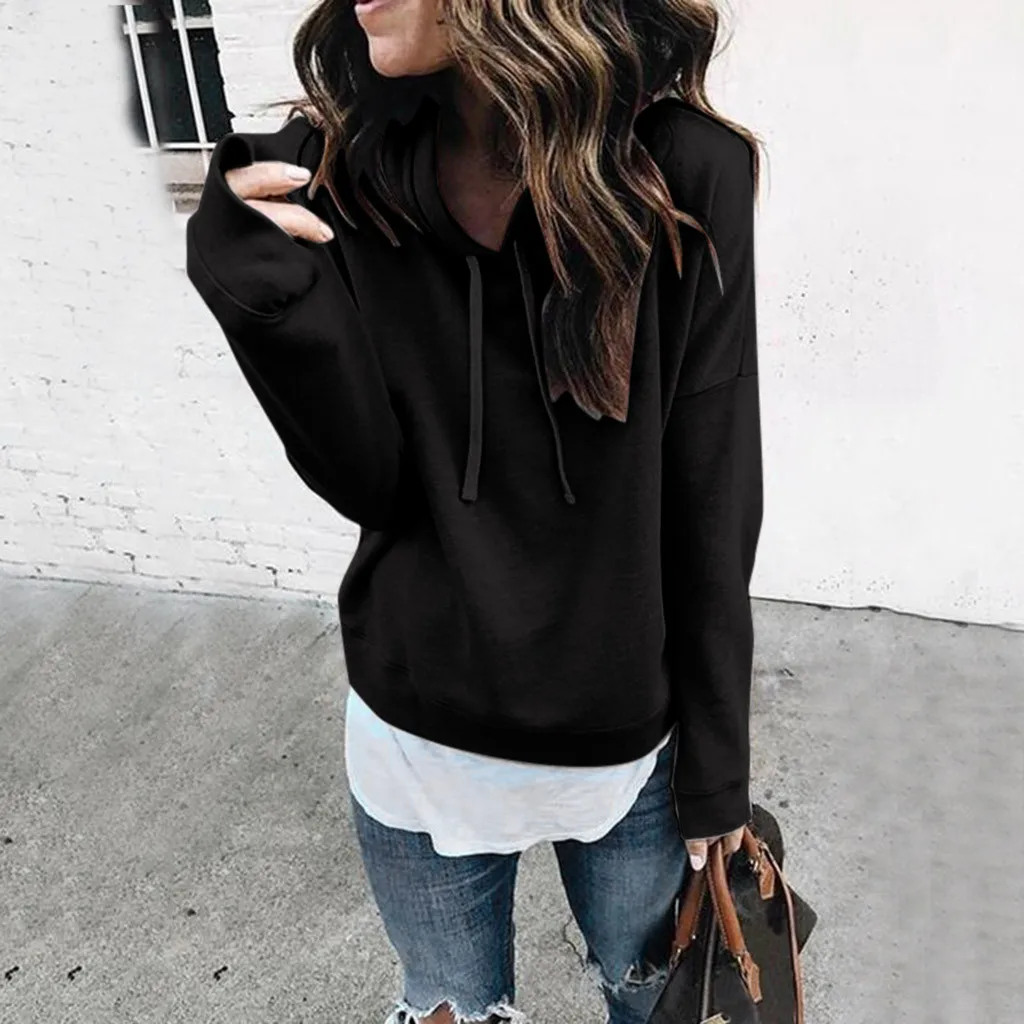 Женская толстовка с длинным рукавом повседневная однотонная капюшоном пуловер