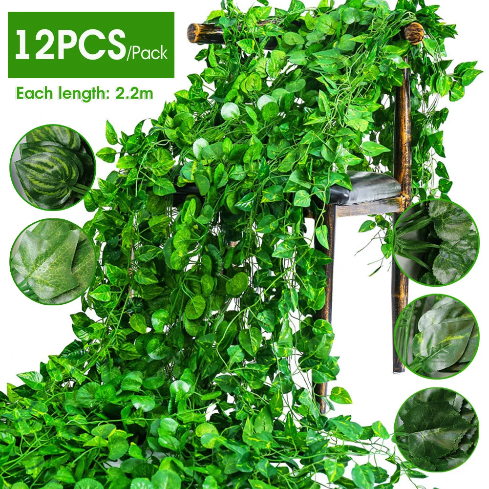 

12 Pcs 2.2m Simulation Ivy Rattan Vine Green Leaf Home Garden Fence Wall Vine Decoration Office Green Plant Decoration