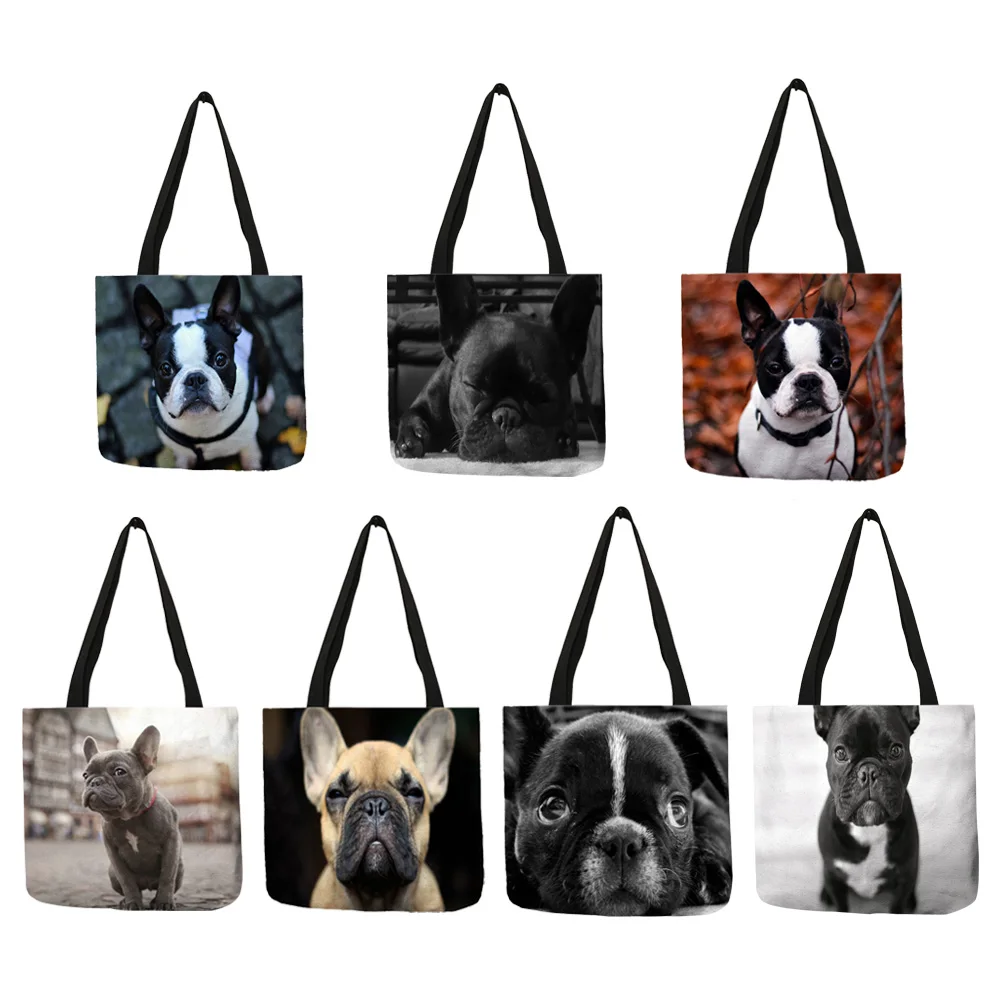 

Shopping Bags For Groceries French Bulldog Custom Print Handbag Women Shoulder Cloth Pouch Foldable Girl Large Linen Bag